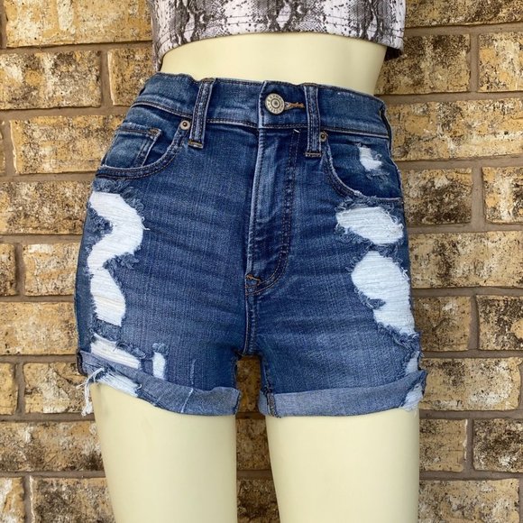 Express shortie high rise waist distressed shorts sz 00 roll cuff - Picture 2 of 8
